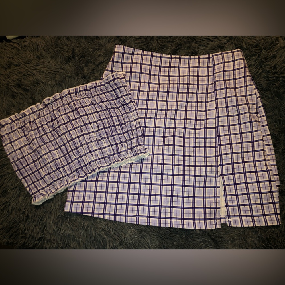 SHEIN Shirred Plaid Bandeau Top & Slit Hem Skirt Set